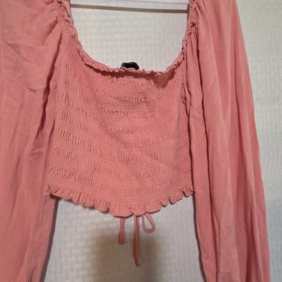 Forever 21 Womens Pink Cropped‎ Blouse L Corset Tie Front Balloon Sleeve Ruched - Picture 8 of 16